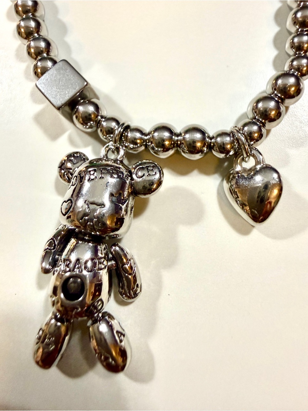 Sterling-Tone Beaded Bear Pendant Necklace with Heart Charm - Silver